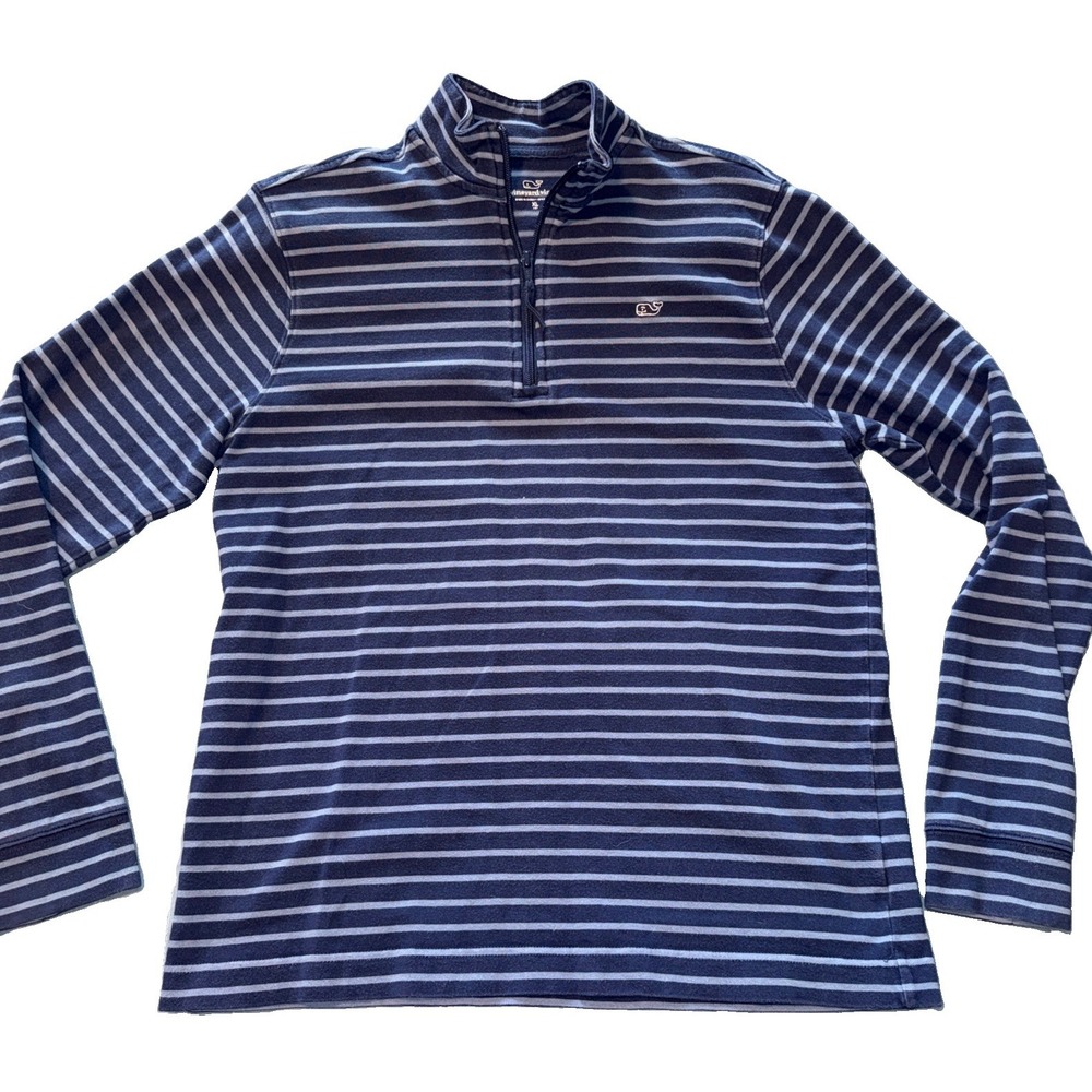 VINEYARD VINES Men's BLUE White Striped 1/4 Zip Mock Neck Pullover Shirt M